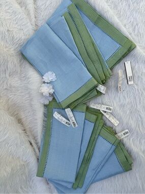 🆕 8 reg $160 Chintz & Company LINEN Light Blue and Green Hemstitch Napkin